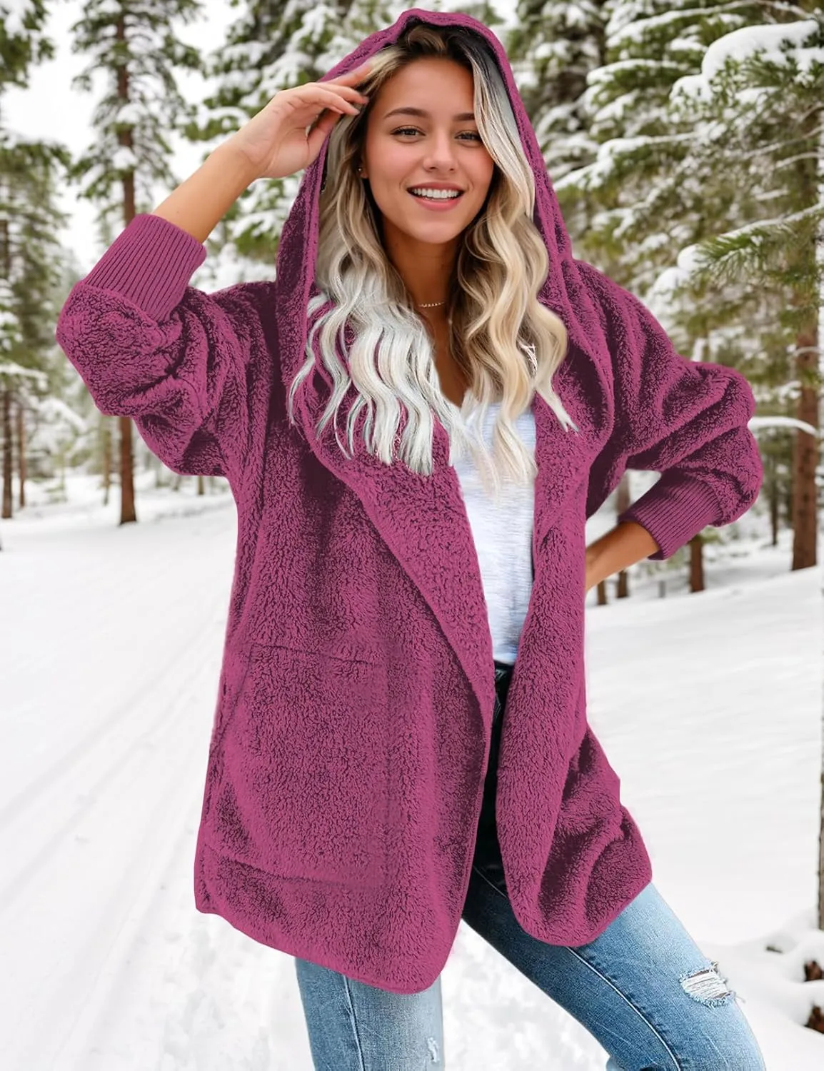 Zilcremo Women Hooded Cardigan Fuzzy Jacket Winter Open Front Fleece Coat Outwear with Pockets