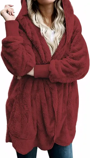 Zilcremo Women Hooded Cardigan Fuzzy Jacket Winter Open Front Fleece Coat Outwear with Pockets