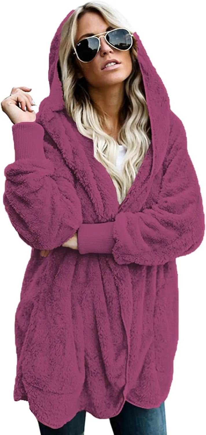 Zilcremo Women Hooded Cardigan Fuzzy Jacket Winter Open Front Fleece Coat Outwear with Pockets